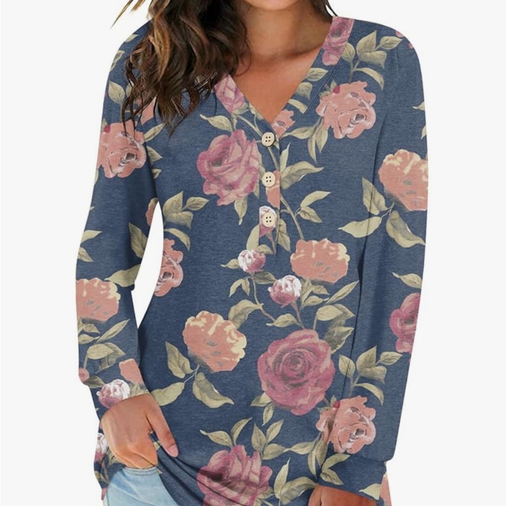 Brand New BISHUIGE Womens Long Sleeve Henley Tunic Top
